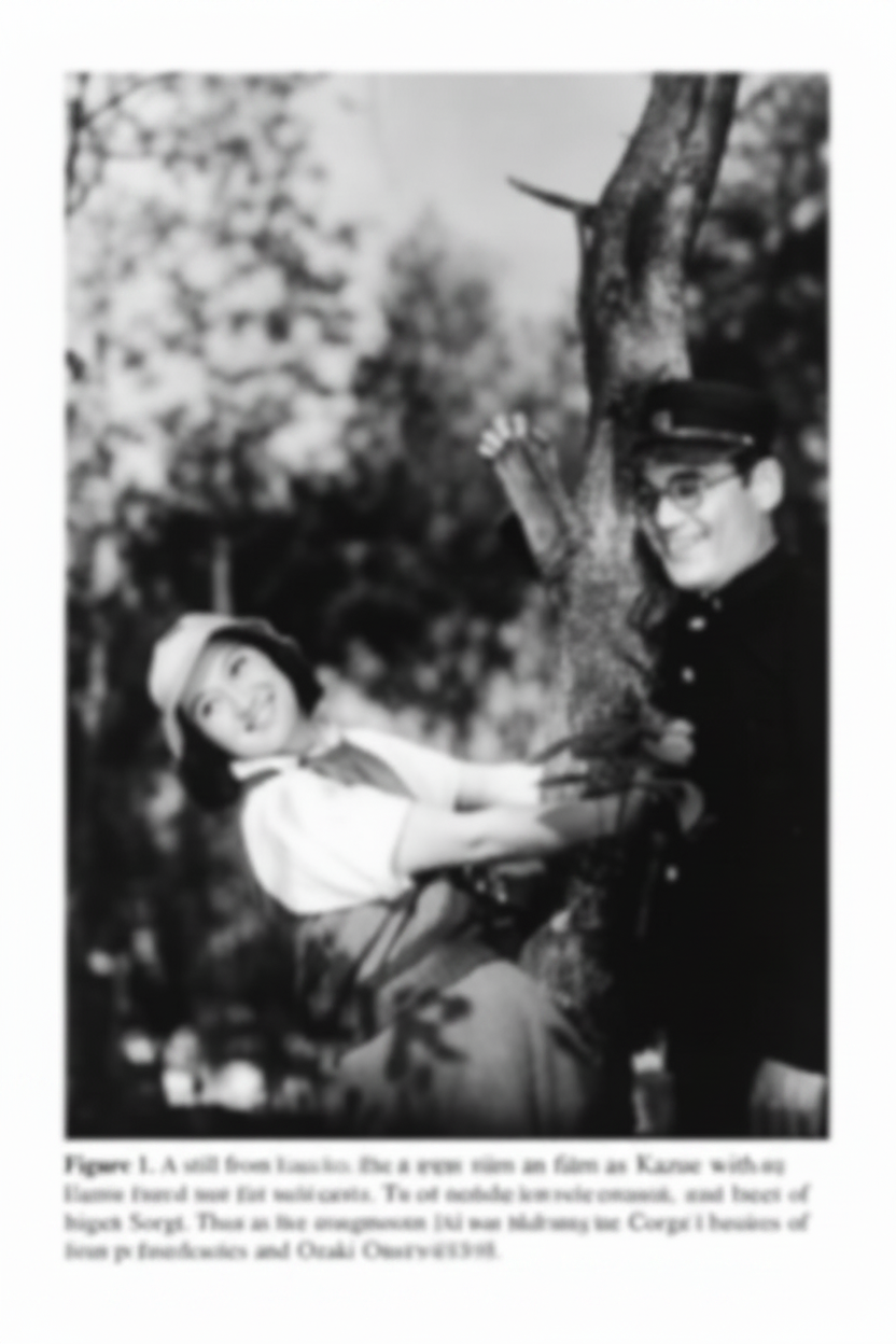 Black and white photo of a man and woman sitting under a tree, with text about a film still from 'No Regret for Youth'.