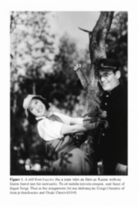 Black and white photo of a man and woman sitting under a tree, with text about a film still from 'No Regret for Youth'.